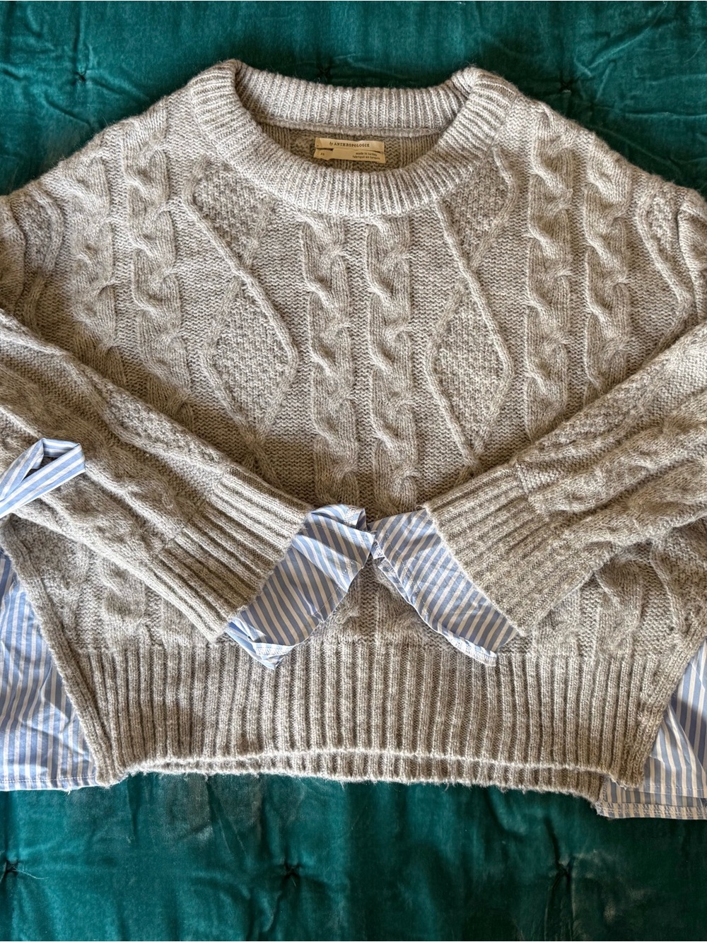Anthropologie Women's Cable Knit Pullover Sweater in Light Gray shows shirt